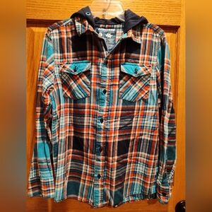 Brothers XL (14) Plaid Hooded Flannel Shirt, Blue And Orange